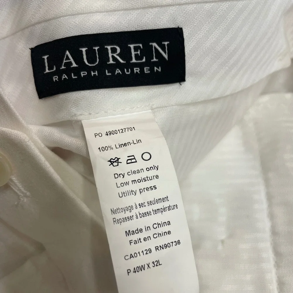 Lauren Ralph Lauren Pants Mens 40Wx32L White 100% Linen Dress Trousers FlatFront